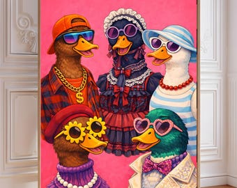 Pop Art Duck Print, Colorful Fashion Pets, Pink Wall Art (Digital Download)