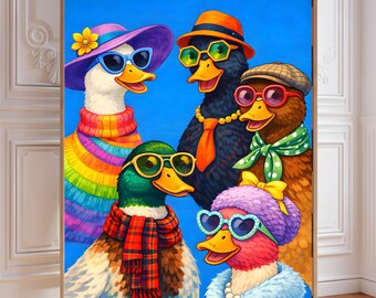 Pop Art Duck Print, Colorful Fashion Pets, Blue Wall Art (Digital Download)