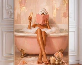 Pink Bathtub Champagne Art | Cozy Self-Care Bathroom Print (Digital Download)