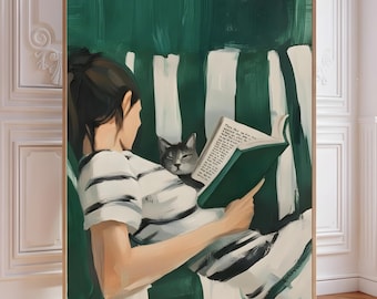 Emerald Green Modern Reading Woman With Cat (Digital Print)