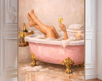 Pink Clawfoot Bathtub Art Print | Champagne Bath Self Care Decor (Digital Download)