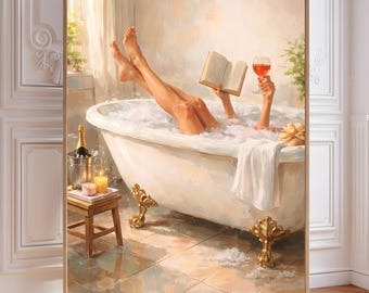Clawfoot Bathtub Art Print | Cozy Reading Bath Decor (Digital Download)