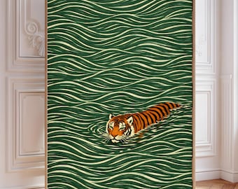 Japanese Tiger Swimming Art, Vintage Ukiyo-e Style Print, Minimalist Poster (Digital Download)