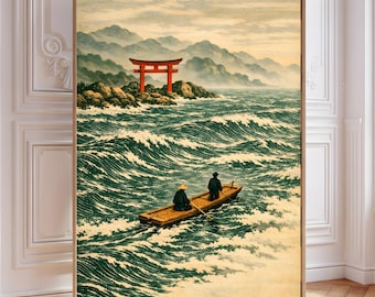 Japanese Wave Torii Gate Print, Vintage Seascape Poster (Digital Download)