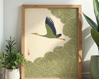 Japanese Crane Swirling Clouds Ukiyo-e Poster Wall Art (Digital Download)