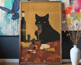 Black Cat Drinking Wine Vintage Poster: Art Retro Kitchen Bar Wall Art (Digital Download)