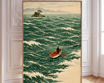 Japanese Ocean Wave Print, Minimalist Seascape Poster, Japandi Beach Decor (Digital Download)