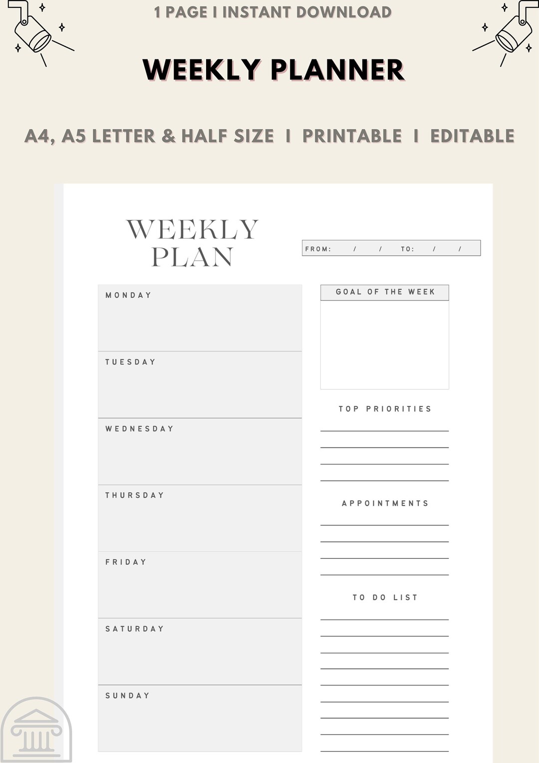 Minimalist Weekly Planner Printable, A4 A5 Letter Size (digital ...