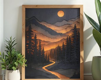 Mountain Landscape Print, River, Full Moon, Rustic Home Decor (Digital Download)