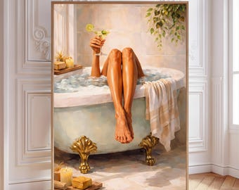 Mint Bathtub Martini Art Print | Cozy Self-Care Bathroom Decor (Digital Download)