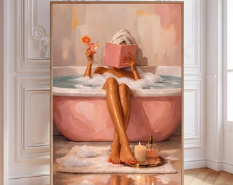 Pink Bathtub Martini Glass Art | Cozy Self-Care Bathroom Print (Digital Download)