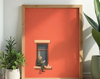 Minimalist Man Reading Art Print, Warm Sunny Colors (Digital Download)