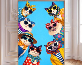 Pop Art Cat Print, Colorful Fashion Cats, Blue Wall Art (Digital Download)