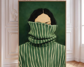 Emerald Green Painted Abstract Woman Wall Art: Minimalist Japandi Decor (Digital Download)