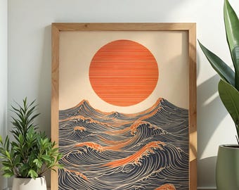 Sun Waves Wall Art – Japanese Style Abstract Ocean Poster (Digital Download)
