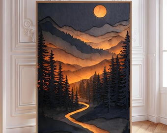 Layered Mountain Landscape Print, Full Moon River Scene, Rustic Forest Wall Art (Digital Download)