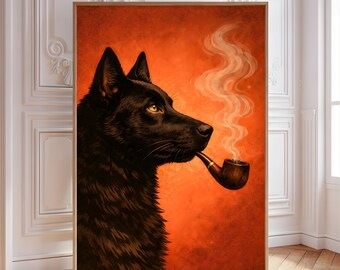 Black Dog Smoking Pipe Print, Vintage Dog Wall Art, Funny Animal Poster (Digital Download)
