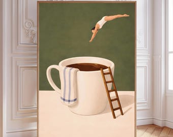 Coffee Diver Print, Minimalist Whimsical Art, Cozy Kitchen Decor (Digital Download)