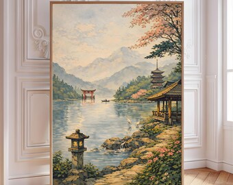 Japanese Lake Poster, Woodblock Style Mountain Landscape, Torii Gate Heron Art (Digital Download)
