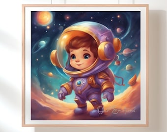 Liten rymdfar, väggkonst för barn, digital fantasikonst, digital nedladdningsbar konst, väggkonst för liten pojke