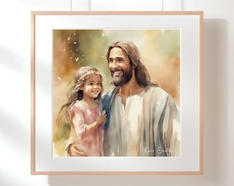 Jesus håller liten flicka, Jesus ler, Jesus älskar barn, Jesus älskar, Religiös digital konst