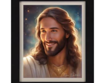 Strålande leende Jesusporträtt - Inspirerande religiöst konstverk, Leende Jesus, Kärleksfull Frälsare, Jesus leende, Jesus älskar dig