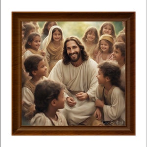May include: A painting of Jesus surrounded by children. He is smiling and looking at the viewer. The children are all looking at Jesus and smiling. The painting is set in a garden with green trees and a blue sky.