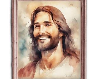 Strålande leende Jesusporträtt - Inspirerande religiöst konstverk, Leende Jesus, Kärleksfull Frälsare, Jesus leende, Jesus älskar dig