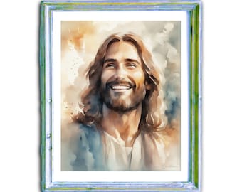 Strålande leende Jesusporträtt - Inspirerande religiöst konstverk, Leende Jesus, Kärleksfull Frälsare, Jesus leende, Jesus älskar dig