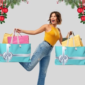 Blue Gift box Tote Bag, Weekender Bag, Tiffanys Blue, Breakfast at Tiffanys, Blue gift Box, Shopping bag, gift for her, unique gift, Handbag