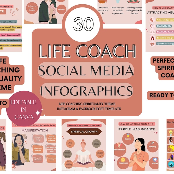 30 Life Coach Spirituality Social Media Canva Templates, Life Coach Instagram Post Templates Content Emotional Wellness, Spirit Spirituality