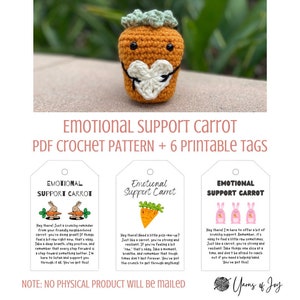 Zanahoria Amigurumi de apoyo emocional - Patrón PDF de ganchillo imprimible + Etiquetas/Tarjetas