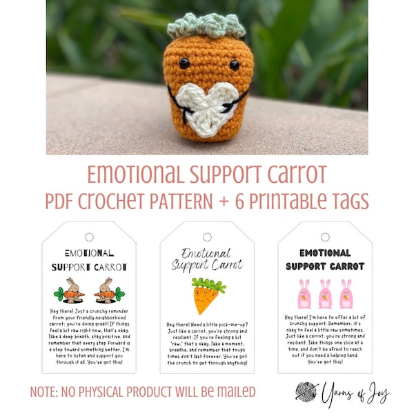 Emotional Support Carrot - Printable Crochet PDF Pattern + Tags/Cards