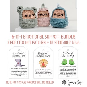 Emotionele steun Dinosaurus, aardbei, kikker Aardappelkostuum amigurumi - afdrukbaar gehaakt pdf-patroon + tags/kaarten
