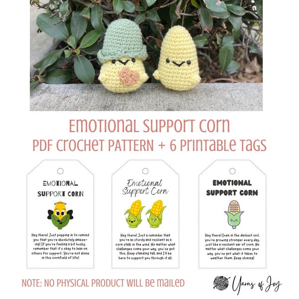 Emotional Support Corn - Printable Crochet PDF Pattern + Tags/Cards