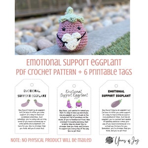 Soutien émotionnel Amigurumi aubergine - Patron PDF imprimable au crochet + étiquettes/cartes