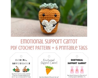 Zanahoria Amigurumi de apoyo emocional - Patrón PDF de ganchillo imprimible + Etiquetas/Tarjetas