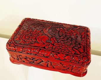 Red Laquer Box with Carved Peacock and Foilage