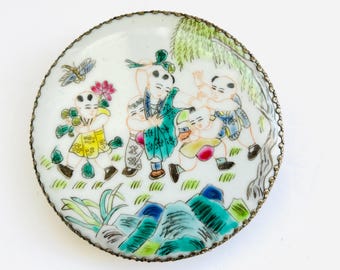 Antique Asian Snuff Box Boudoir Pot with Mirror