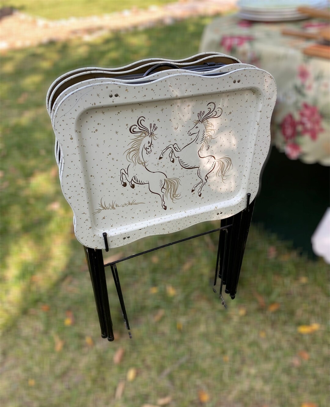Vintage MCM Set of 4 Metal Folding TV Trays Atomic Rearing Etsy