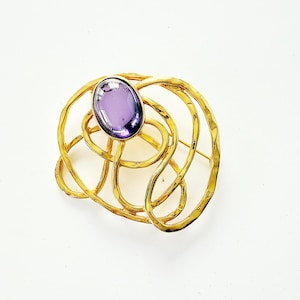 1980s Modernist Gold Plated Purple Glass Brooch
