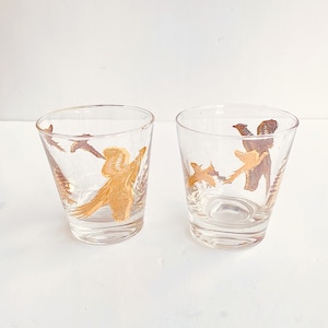 Set of Two Libbey Gold Pheasant Hunting Game Bird with Gold Rims - Rock Glasses