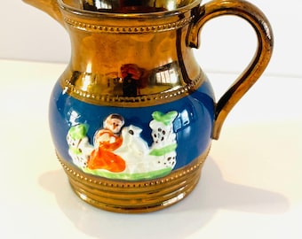 Antique Lustreware Small Pitcher or Creamer, Hand Painted Figures