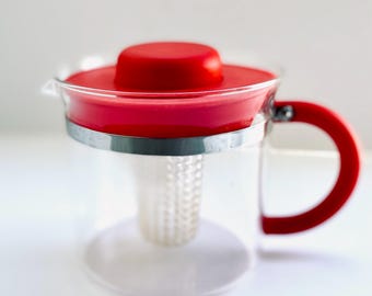 Vintage Red Bodum Glass Teapot  Mid Century Modern Scandinavian Denmark Drinkware