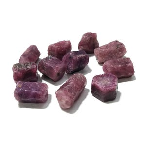 Könnte beinhalten: Eine Sammlung von grob geschnittenen Rubin-Edelsteinen in verschiedenen Formen und Größen. Die Edelsteine zeigen eine Reihe von tiefroten und violettlichen Farbtönen mit einem strukturierten, natürlichen Aussehen. Die Steine sind vor einem weißen Hintergrund verstreut.