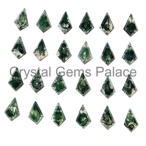 May include: A collection of twenty-four kite-shaped moss agate gemstones. Each gem features a unique pattern of green inclusions within a translucent base, creating a natural, artistic appearance. The gems are arranged against a white background.