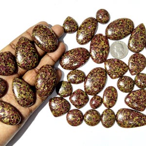 Könnte beinhalten: Eine Sammlung polierter Edelsteine in verschiedenen Formen, darunter Ovale, Tropfen und Rundungen. Die Steine weisen ein gesprenkeltes Muster in Burgunderrot und Gold auf, mit einem glänzenden Finish. Eine Münze dient als Größenreferenz.