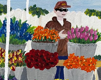 Original Flower Market Painting, Impressionist Acrylic on Canvas, 9x12"