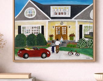 Pintura original em acrílico – Cena aconchegante de uma casa no sul dos Estados Unidos, carro conversível vermelho, chegada da família