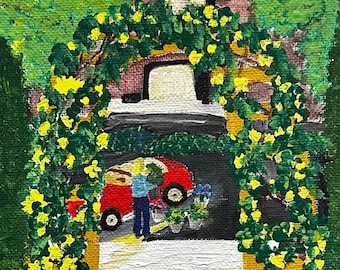 Original Tuscan Garden Painting, European Courtyard Art, Floral Arch Landscape, Red Car, 12x9 Canvas